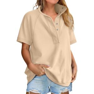 image:imageANRABESS Womens Short Sleeve Tops Oversized Lightweight Sweatshirt Polo Shirts 2026 Summer Casual Button Pullover Top OutfitsParchment