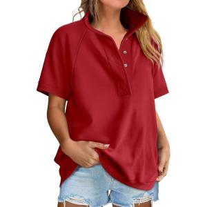 image:imageANRABESS Womens Short Sleeve Tops Oversized Lightweight Sweatshirt Polo Shirts 2026 Summer Casual Button Pullover Top OutfitsRed