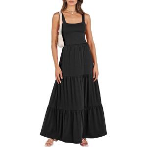 image:imageANRABESS Womens Summer Casual Long Maxi Beach Vacation Dresses Sleeveless Square Neck Flowy Tiered Sun Dress with PocketsBlack