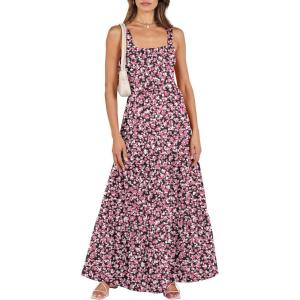 image:imageANRABESS Womens Summer Casual Long Maxi Beach Vacation Dresses Sleeveless Square Neck Flowy Tiered Sun Dress with PocketsBlack Pink Floral