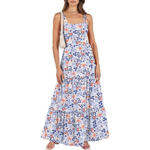 image:imageANRABESS Womens Summer Casual Long Maxi Beach Vacation Dresses Sleeveless Square Neck Flowy Tiered Sun Dress with PocketsBlue Orange Floral
