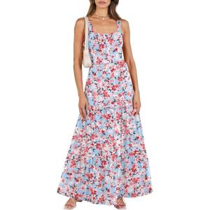 image:imageANRABESS Womens Summer Casual Long Maxi Beach Vacation Dresses Sleeveless Square Neck Flowy Tiered Sun Dress with PocketsBlue Pink Floral