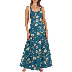 image:imageANRABESS Womens Summer Casual Long Maxi Beach Vacation Dresses Sleeveless Square Neck Flowy Tiered Sun Dress with PocketsBlue Yellow Floral