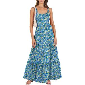 image:imageANRABESS Womens Summer Casual Long Maxi Beach Vacation Dresses Sleeveless Square Neck Flowy Tiered Sun Dress with PocketsBlue Yellow Green Floral