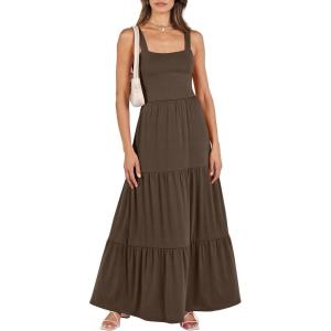 image:imageANRABESS Womens Summer Casual Long Maxi Beach Vacation Dresses Sleeveless Square Neck Flowy Tiered Sun Dress with PocketsCoffee