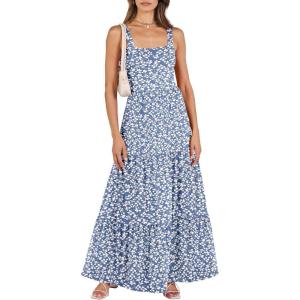image:imageANRABESS Womens Summer Casual Long Maxi Beach Vacation Dresses Sleeveless Square Neck Flowy Tiered Sun Dress with PocketsFloral Blue