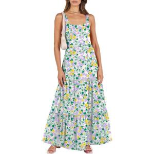 image:imageANRABESS Womens Summer Casual Long Maxi Beach Vacation Dresses Sleeveless Square Neck Flowy Tiered Sun Dress with PocketsGreen Purple Yellow Floral