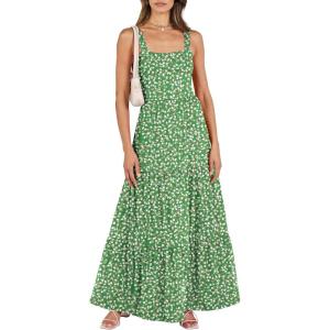 image:imageANRABESS Womens Summer Casual Long Maxi Beach Vacation Dresses Sleeveless Square Neck Flowy Tiered Sun Dress with PocketsGreen White Point