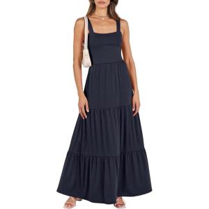 image:imageANRABESS Womens Summer Casual Long Maxi Beach Vacation Dresses Sleeveless Square Neck Flowy Tiered Sun Dress with PocketsNavy Blue