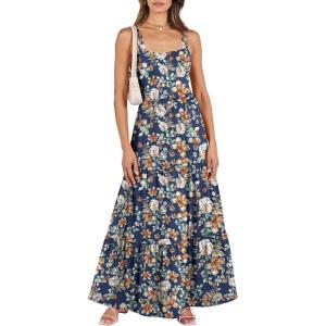 image:imageANRABESS Womens Summer Casual Long Maxi Beach Vacation Dresses Sleeveless Square Neck Flowy Tiered Sun Dress with PocketsNavy Blue Orange Floral