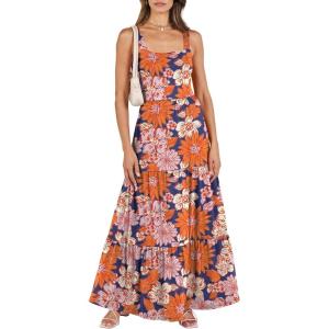 image:imageANRABESS Womens Summer Casual Long Maxi Beach Vacation Dresses Sleeveless Square Neck Flowy Tiered Sun Dress with PocketsNavy Blue Pink Floral