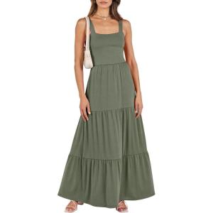 image:imageANRABESS Womens Summer Casual Long Maxi Beach Vacation Dresses Sleeveless Square Neck Flowy Tiered Sun Dress with PocketsOlive