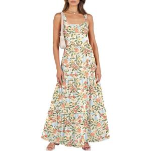 image:imageANRABESS Womens Summer Casual Long Maxi Beach Vacation Dresses Sleeveless Square Neck Flowy Tiered Sun Dress with PocketsOrange Green Floral