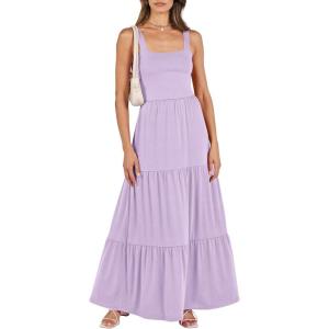 image:imageANRABESS Womens Summer Casual Long Maxi Beach Vacation Dresses Sleeveless Square Neck Flowy Tiered Sun Dress with PocketsPurple