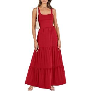 image:imageANRABESS Womens Summer Casual Long Maxi Beach Vacation Dresses Sleeveless Square Neck Flowy Tiered Sun Dress with PocketsRed