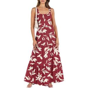 image:imageANRABESS Womens Summer Casual Long Maxi Beach Vacation Dresses Sleeveless Square Neck Flowy Tiered Sun Dress with PocketsRed Yellow Floral