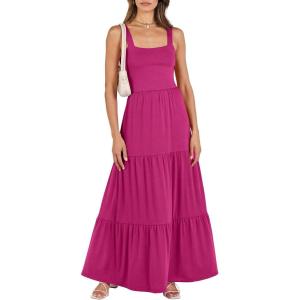 image:imageANRABESS Womens Summer Casual Long Maxi Beach Vacation Dresses Sleeveless Square Neck Flowy Tiered Sun Dress with PocketsRose Pink