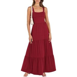 image:imageANRABESS Womens Summer Casual Long Maxi Beach Vacation Dresses Sleeveless Square Neck Flowy Tiered Sun Dress with PocketsWine Red