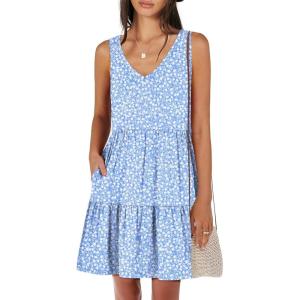 image:imageANRABESS Womens Summer Casual Tank Dress Sleeveless V Neck T Shirt Sundress Flowy Tiered Swing Mini Beach Vacation DressesBlue White Floral