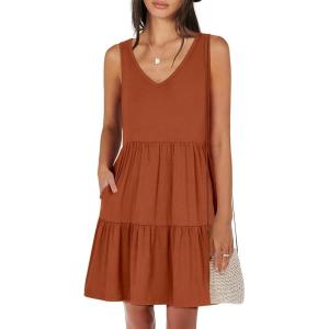 image:imageANRABESS Womens Summer Casual Tank Dress Sleeveless V Neck T Shirt Sundress Flowy Tiered Swing Mini Beach Vacation DressesBrick Red
