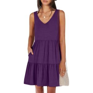 image:imageANRABESS Womens Summer Casual Tank Dress Sleeveless V Neck T Shirt Sundress Flowy Tiered Swing Mini Beach Vacation DressesDeep Purple