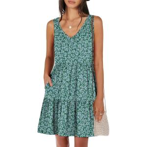 image:imageANRABESS Womens Summer Casual Tank Dress Sleeveless V Neck T Shirt Sundress Flowy Tiered Swing Mini Beach Vacation DressesGreen Floral