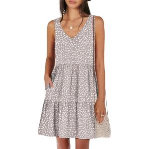 image:imageANRABESS Womens Summer Casual Tank Dress Sleeveless V Neck T Shirt Sundress Flowy Tiered Swing Mini Beach Vacation DressesKhaki Polka Dot