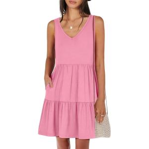 image:imageANRABESS Womens Summer Casual Tank Dress Sleeveless V Neck T Shirt Sundress Flowy Tiered Swing Mini Beach Vacation DressesPink