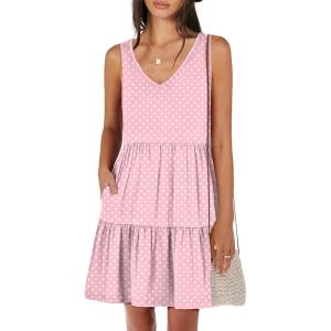 image:imageANRABESS Womens Summer Casual Tank Dress Sleeveless V Neck T Shirt Sundress Flowy Tiered Swing Mini Beach Vacation DressesPink White Dot