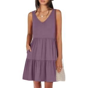 image:imageANRABESS Womens Summer Casual Tank Dress Sleeveless V Neck T Shirt Sundress Flowy Tiered Swing Mini Beach Vacation DressesPurple