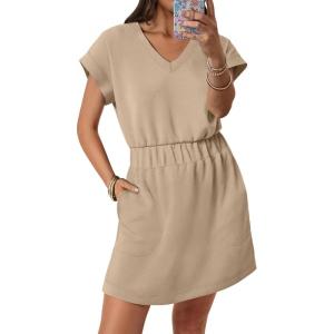 image:imageANRABESS Womens Summer Dresses Casual V Neck Short Sleeve Elastic Waist Mini Tshirt Dress Beach Vacation Sundress with PocketAlmond