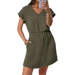 image:imageANRABESS Womens Summer Dresses Casual V Neck Short Sleeve Elastic Waist Mini Tshirt Dress Beach Vacation Sundress with PocketArmy Green
