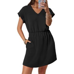 image:imageANRABESS Womens Summer Dresses Casual V Neck Short Sleeve Elastic Waist Mini Tshirt Dress Beach Vacation Sundress with PocketBlack