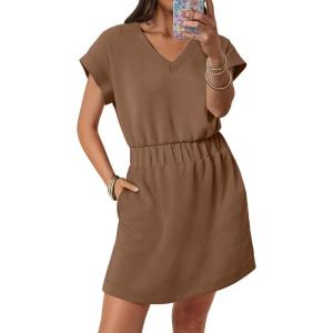 image:imageANRABESS Womens Summer Dresses Casual V Neck Short Sleeve Elastic Waist Mini Tshirt Dress Beach Vacation Sundress with PocketBrown