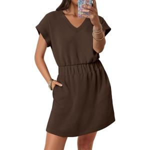 image:imageANRABESS Womens Summer Dresses Casual V Neck Short Sleeve Elastic Waist Mini Tshirt Dress Beach Vacation Sundress with PocketChocolate Brown