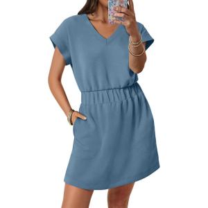 image:imageANRABESS Womens Summer Dresses Casual V Neck Short Sleeve Elastic Waist Mini Tshirt Dress Beach Vacation Sundress with PocketGrey Blue