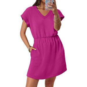 image:imageANRABESS Womens Summer Dresses Casual V Neck Short Sleeve Elastic Waist Mini Tshirt Dress Beach Vacation Sundress with PocketHot Pink