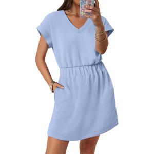 image:imageANRABESS Womens Summer Dresses Casual V Neck Short Sleeve Elastic Waist Mini Tshirt Dress Beach Vacation Sundress with PocketLight Blue