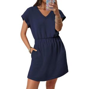 image:imageANRABESS Womens Summer Dresses Casual V Neck Short Sleeve Elastic Waist Mini Tshirt Dress Beach Vacation Sundress with PocketNavy Blue