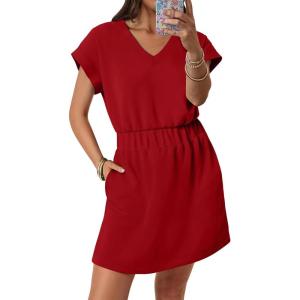 image:imageANRABESS Womens Summer Dresses Casual V Neck Short Sleeve Elastic Waist Mini Tshirt Dress Beach Vacation Sundress with PocketRed