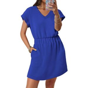image:imageANRABESS Womens Summer Dresses Casual V Neck Short Sleeve Elastic Waist Mini Tshirt Dress Beach Vacation Sundress with PocketRoyal Blue