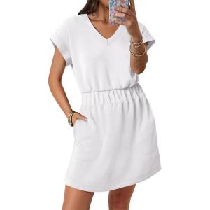 image:imageANRABESS Womens Summer Dresses Casual V Neck Short Sleeve Elastic Waist Mini Tshirt Dress Beach Vacation Sundress with PocketWhite