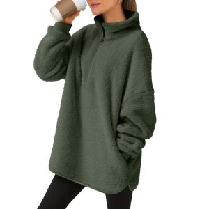 image:imageANRABESS Womens Sweatshirt Sherpa Fuzzy Fleece Zip Up Hoodies Cozy Pullover Soft Sweaters Tops 2025 Fall Trendy ClothesArmy Green