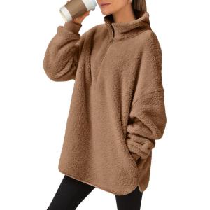 image:imageANRABESS Womens Sweatshirt Sherpa Fuzzy Fleece Zip Up Hoodies Cozy Pullover Soft Sweaters Tops 2025 Fall Trendy ClothesBrown