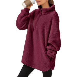 image:imageANRABESS Womens Sweatshirt Sherpa Fuzzy Fleece Zip Up Hoodies Cozy Pullover Soft Sweaters Tops 2025 Fall Trendy ClothesBurgundy