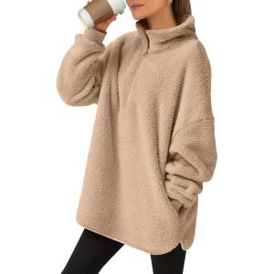 image:imageANRABESS Womens Sweatshirt Sherpa Fuzzy Fleece Zip Up Hoodies Cozy Pullover Soft Sweaters Tops 2025 Fall Trendy ClothesKhaki