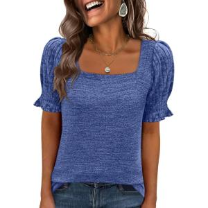 image:imageANRABESS Womens Tops Summer Sweaters Dressy Casual Work Blouses Square Neck Ruffle Short Sleeve Tee Shirts 2026 Fashion TunicBlue