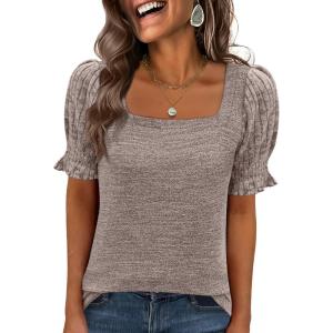 image:imageANRABESS Womens Tops Summer Sweaters Dressy Casual Work Blouses Square Neck Ruffle Short Sleeve Tee Shirts 2026 Fashion TunicBrown