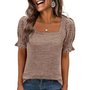 image:imageANRABESS Womens Tops Summer Sweaters Dressy Casual Work Blouses Square Neck Ruffle Short Sleeve Tee Shirts 2026 Fashion TunicBurnt Tan