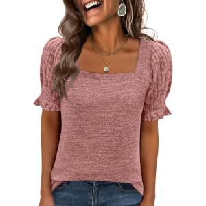 image:imageANRABESS Womens Tops Summer Sweaters Dressy Casual Work Blouses Square Neck Ruffle Short Sleeve Tee Shirts 2026 Fashion TunicCoral